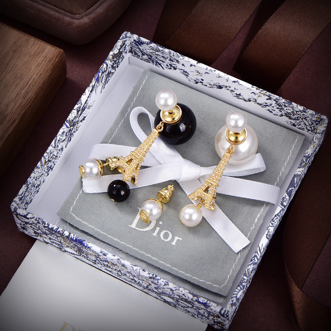18K Dior Tribales Eiffel Tower Charm White Pearls Earrings