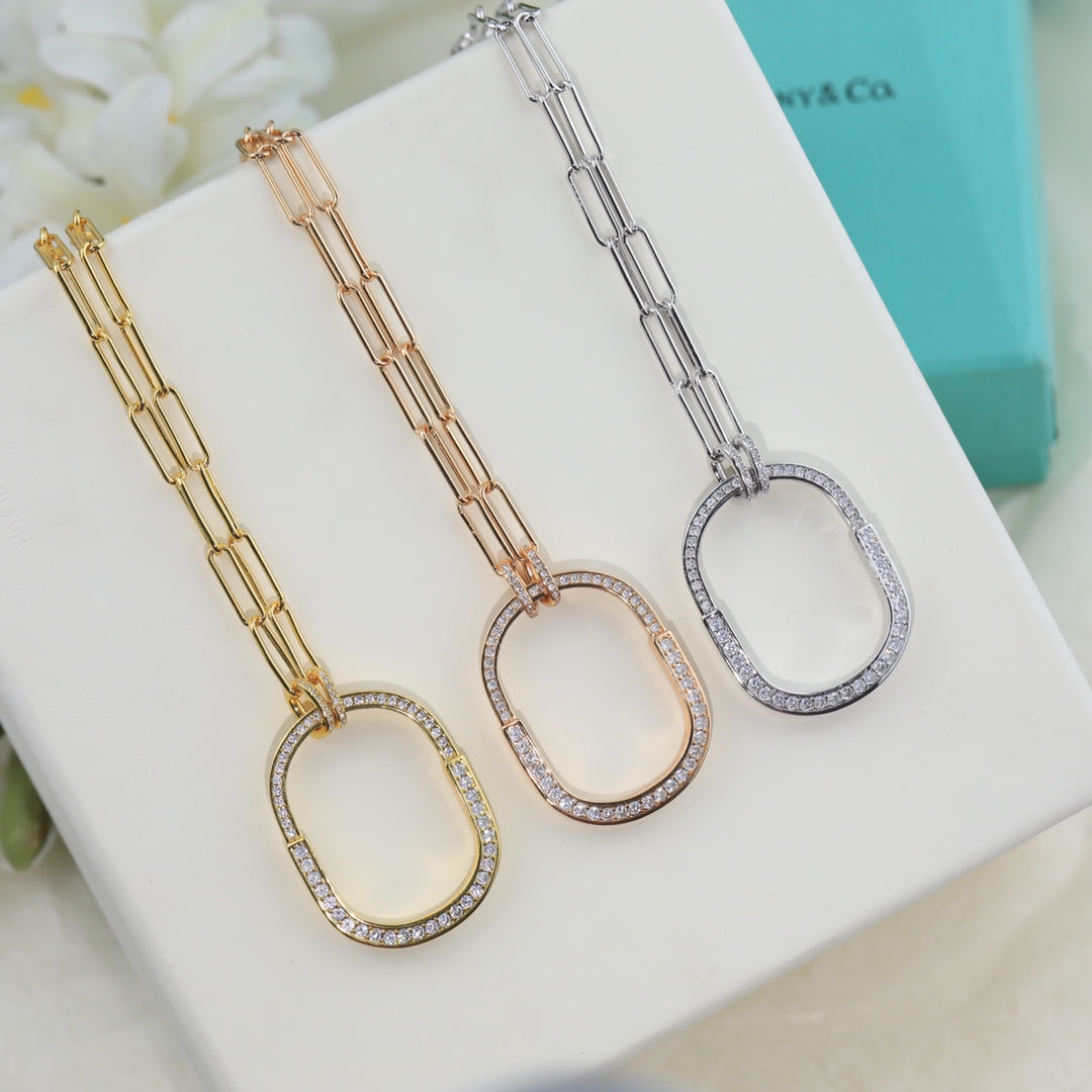 18K Tiffany Lock Pendant Pave Diamonds Necklace