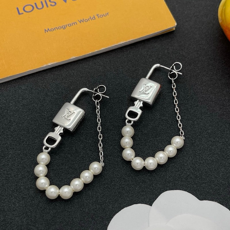 18K Louis Vuitton Pearl Lock Gold Earrings