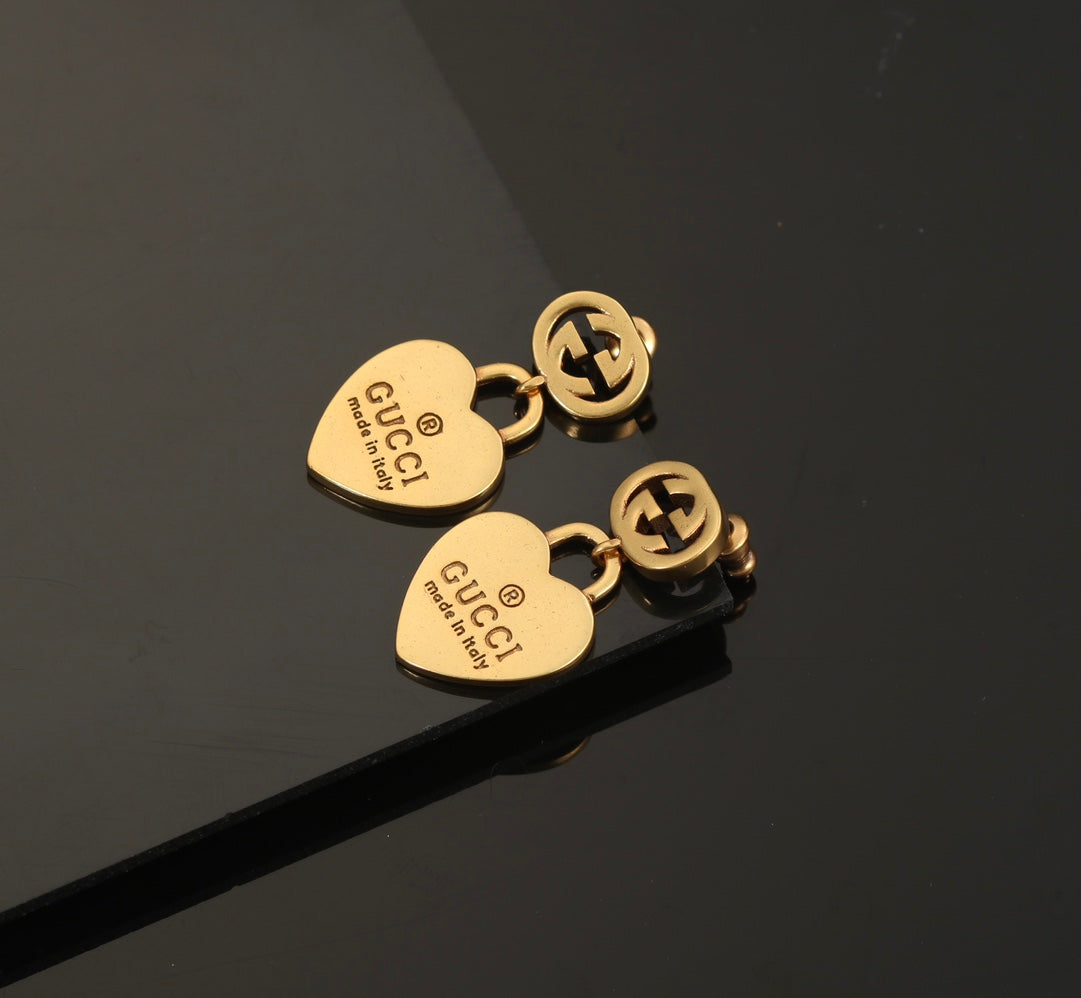 18K Double Gucci Heart Pendant Earrings