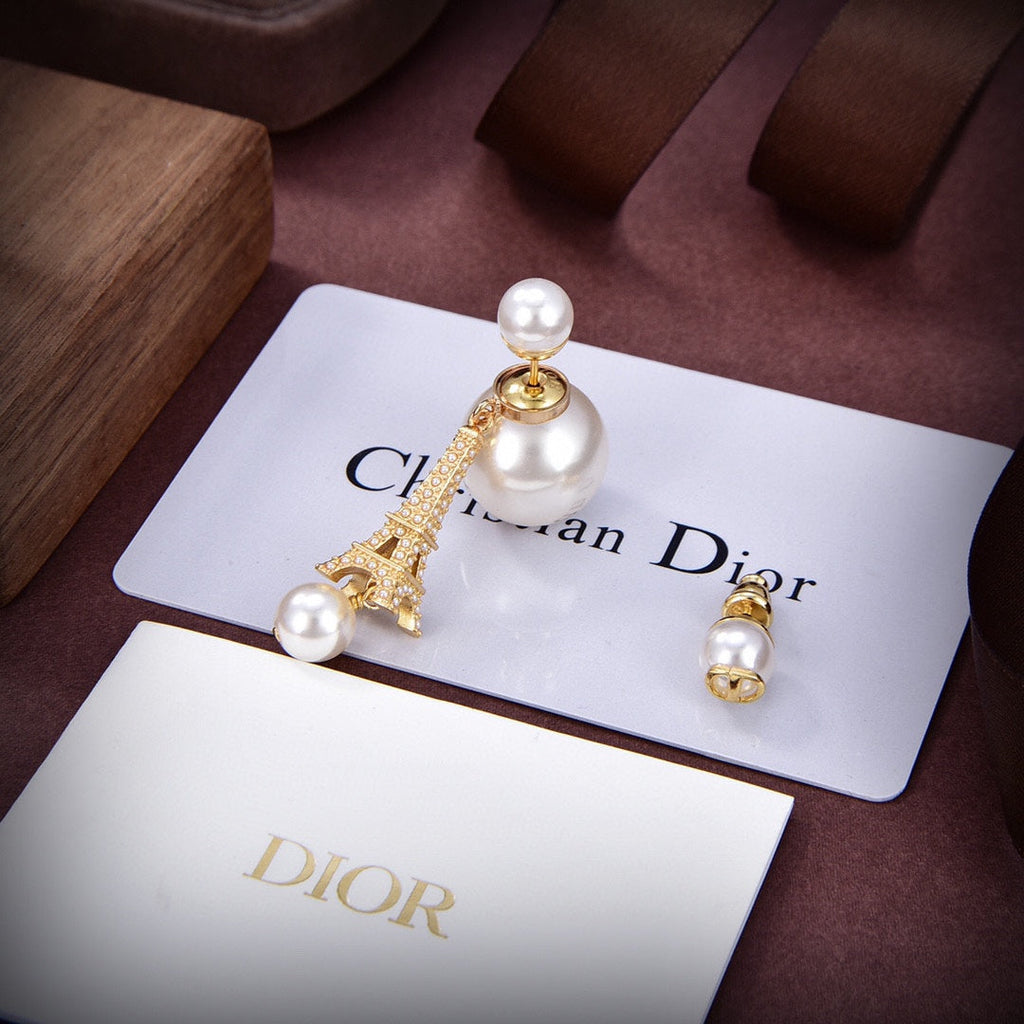 18K Dior Tribales Eiffel Tower Charm White Pearls Earrings