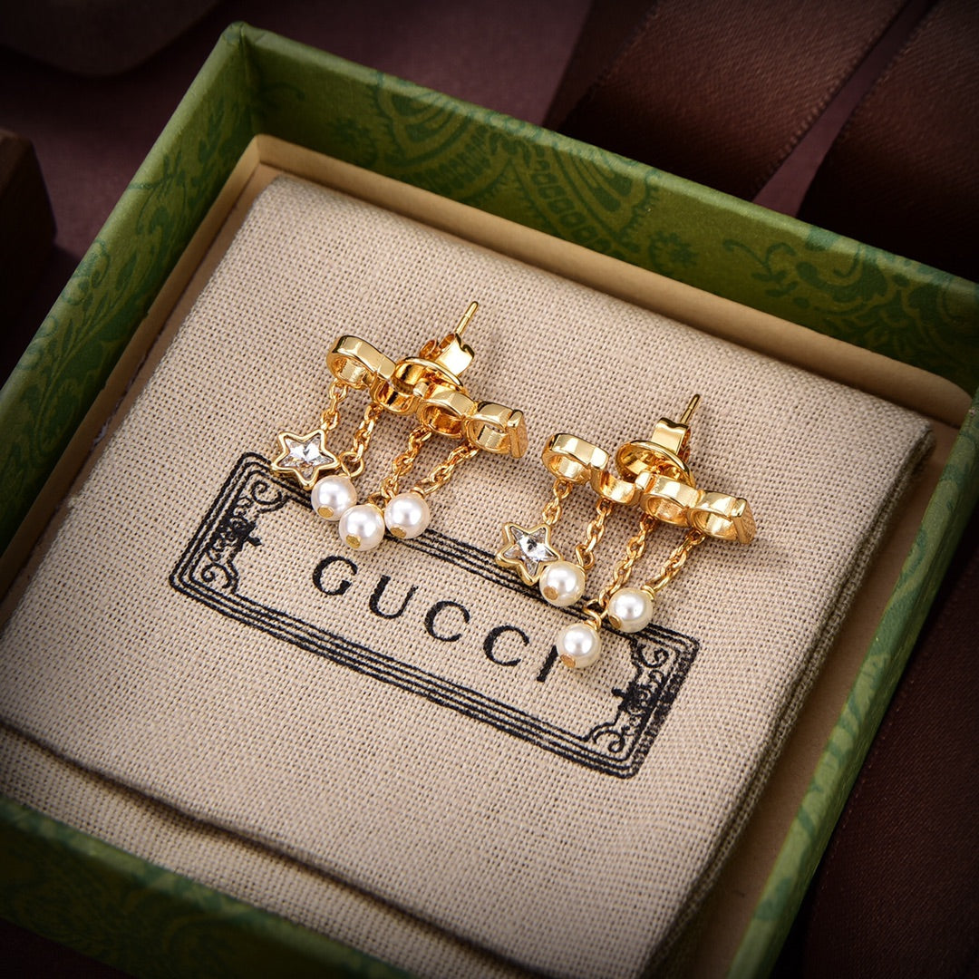 18K Double Gucci Script Pearl Earrings