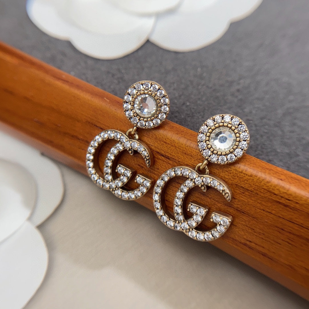 18K Double Gucci Crystal Pendant Earrings