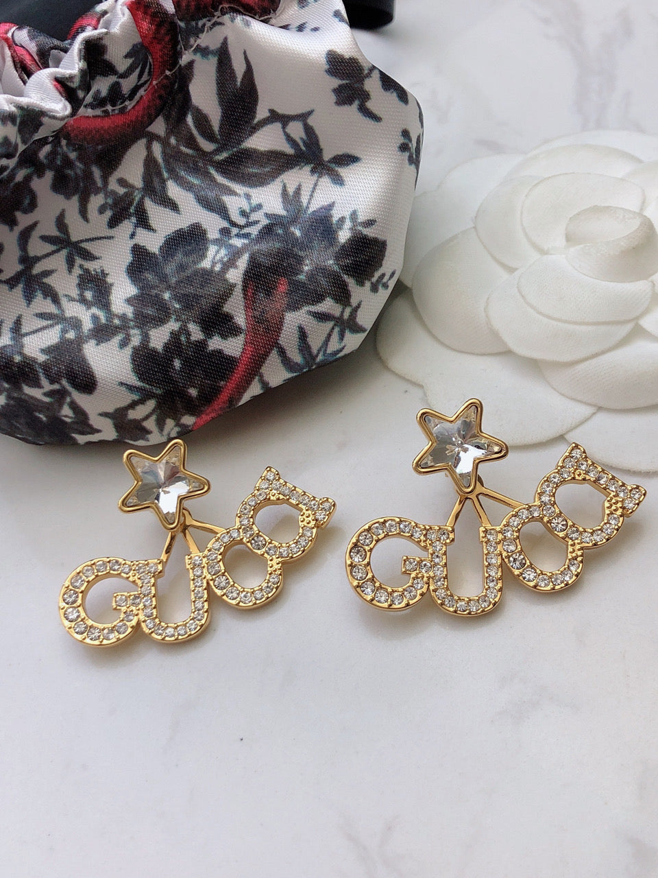 18K Double Gucci Script Star Earrings