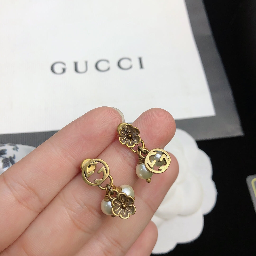 18K Double Gucci Flower & Pearl Pendant Earrings